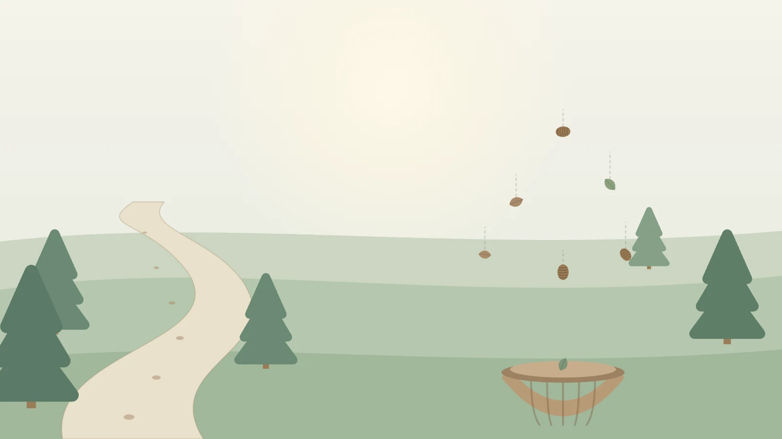 An illustrated pinewood with a winding trail and a basket catching falling pinecones and leaves