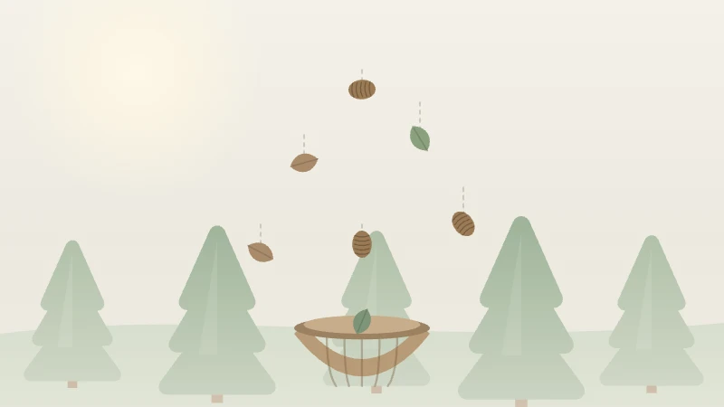 Soft autumn leaves drifting down among quiet evergreen trees